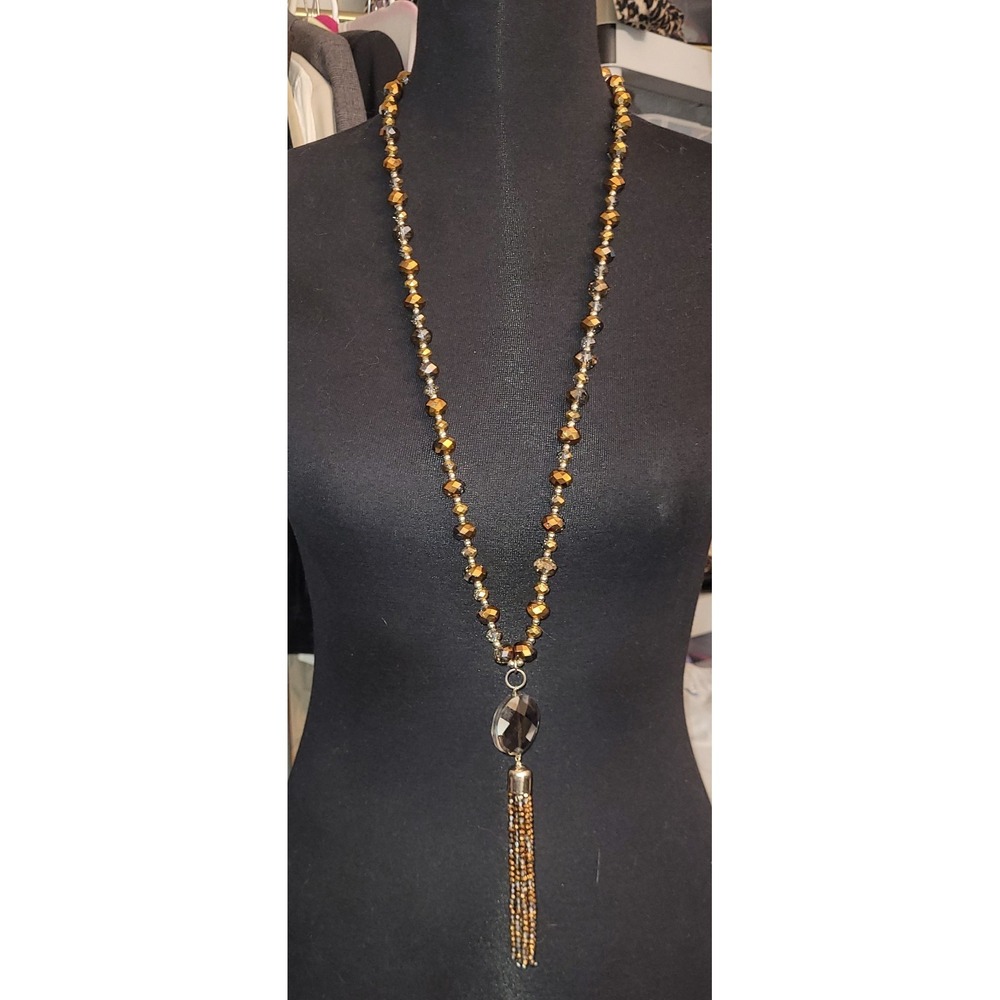 Chico's Long Sparkling Bronze &‎ Smoke Beads Chunky Pendant Necklace Tassel